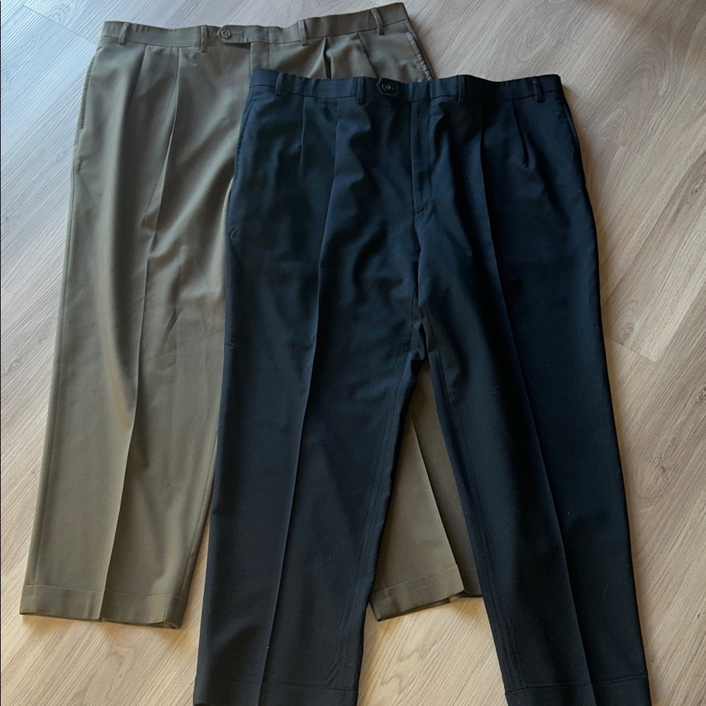 Ralph Lauren Total Comfort Men's Wool Dress Pants 42X30 Navy Brown Pleats Cuffed
